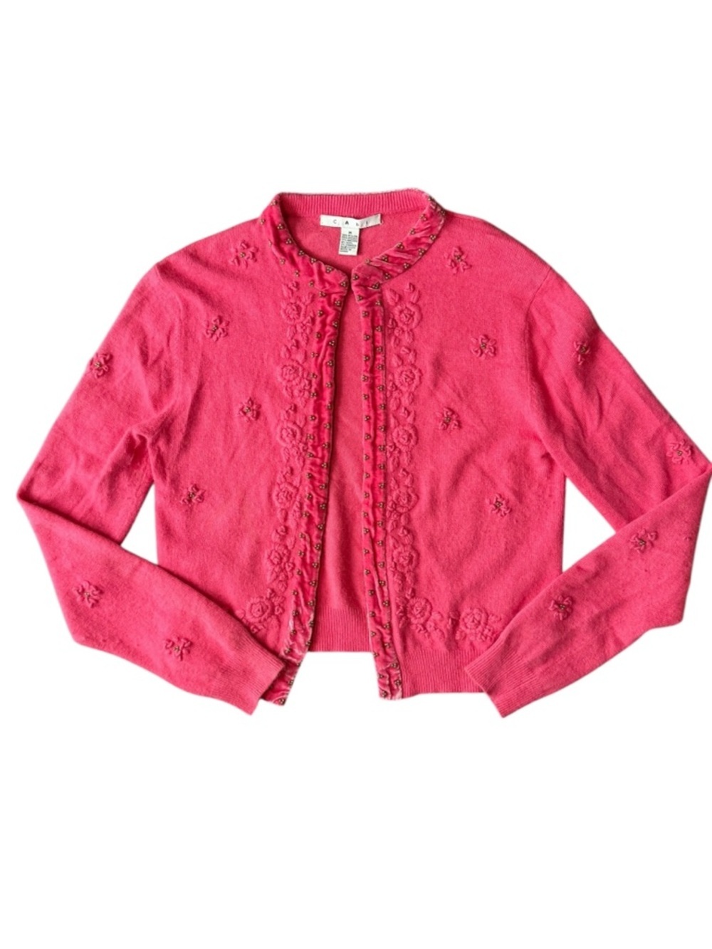 CAbi Pink Beaded Angora Wool Blend Floral Velvet Trim Coquette Luxe Cardigan